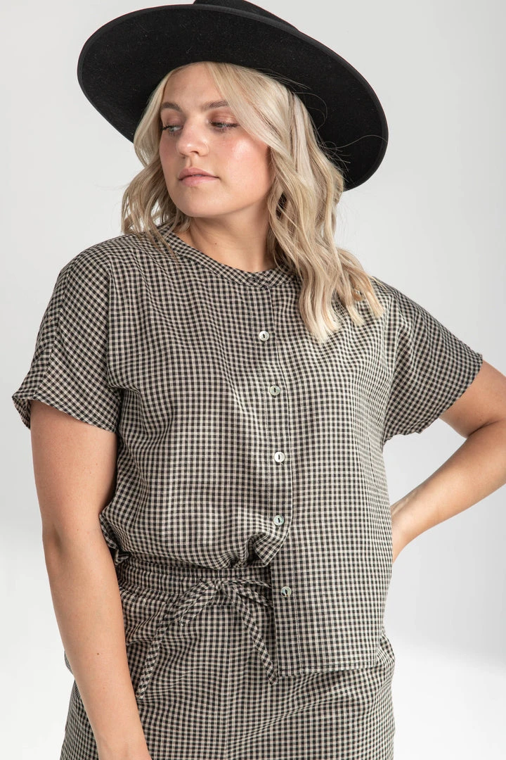 Piper & Scoot The Kathleen Checkered Blouse In Black + Taupe Tops
