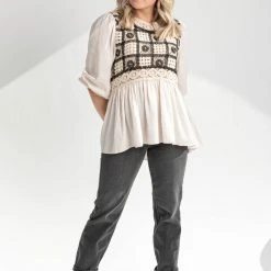 Piper & Scoot Tops The Cordova Crochet Detail Blouse In Cream