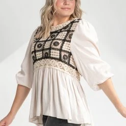 Piper & Scoot Tops The Cordova Crochet Detail Blouse In Cream