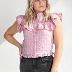 Piper & Scoot Tops The Harris Ruffle Gingham Top In Pink