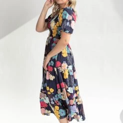 Piper & Scoot The Webber Smocked Square Neck Midi Dress In Navy Dresses