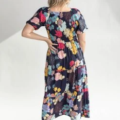 Piper & Scoot The Webber Smocked Square Neck Midi Dress In Navy Dresses