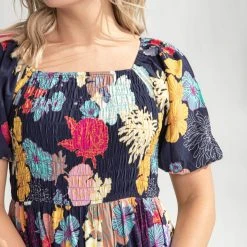 Piper & Scoot The Webber Smocked Square Neck Midi Dress In Navy Dresses