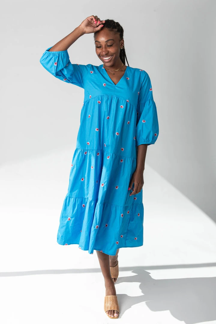 Piper & Scoot The Marvin Embroidered Midi Dress In Blue Dresses