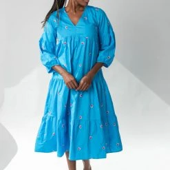 Piper & Scoot The Marvin Embroidered Midi Dress In Blue Dresses
