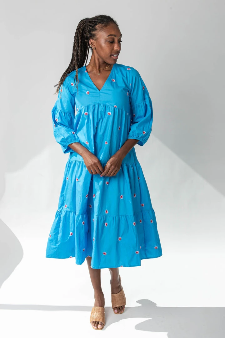 Piper & Scoot The Marvin Embroidered Midi Dress In Blue Dresses