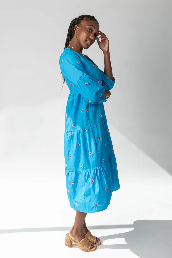 Piper & Scoot The Marvin Embroidered Midi Dress In Blue Dresses