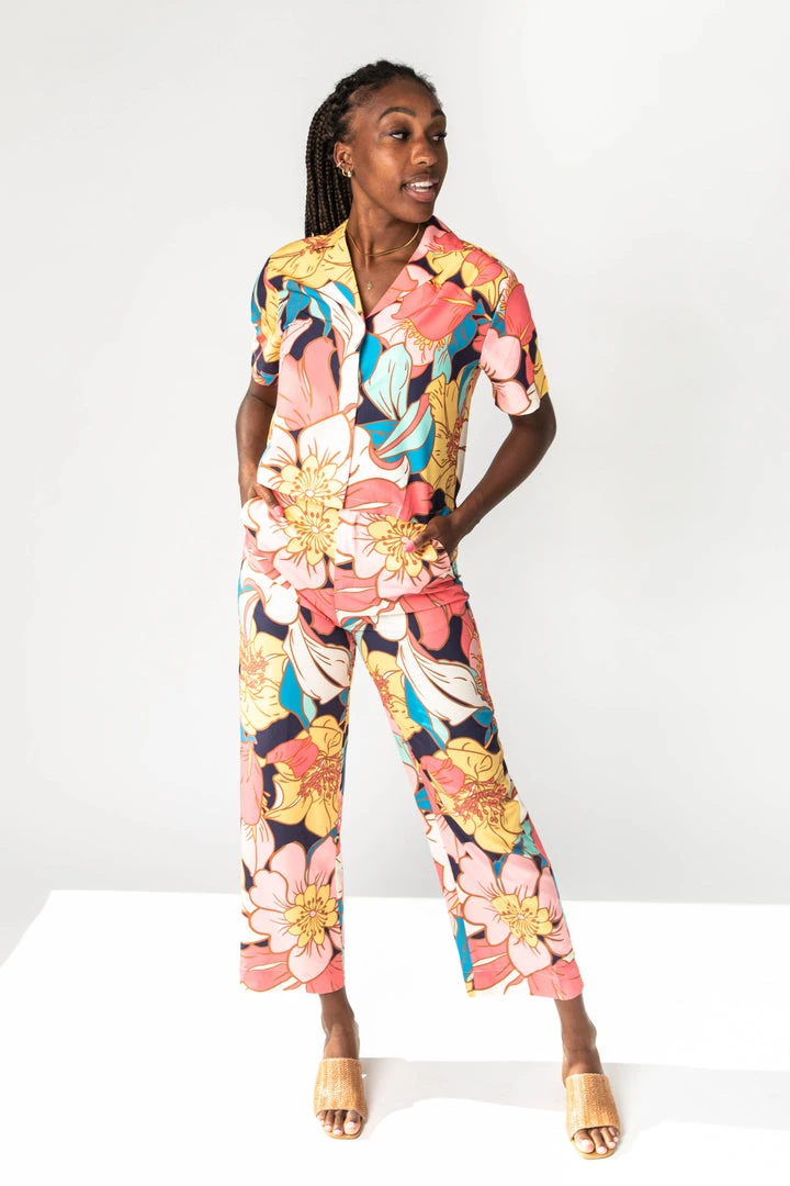 Piper & Scoot The Sander Floral Zipper Front Pants In Pink Bottoms + Jumpsuits