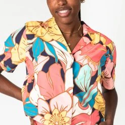 Piper & Scoot The Helma Floral Button Down Blouse In Pink Tops