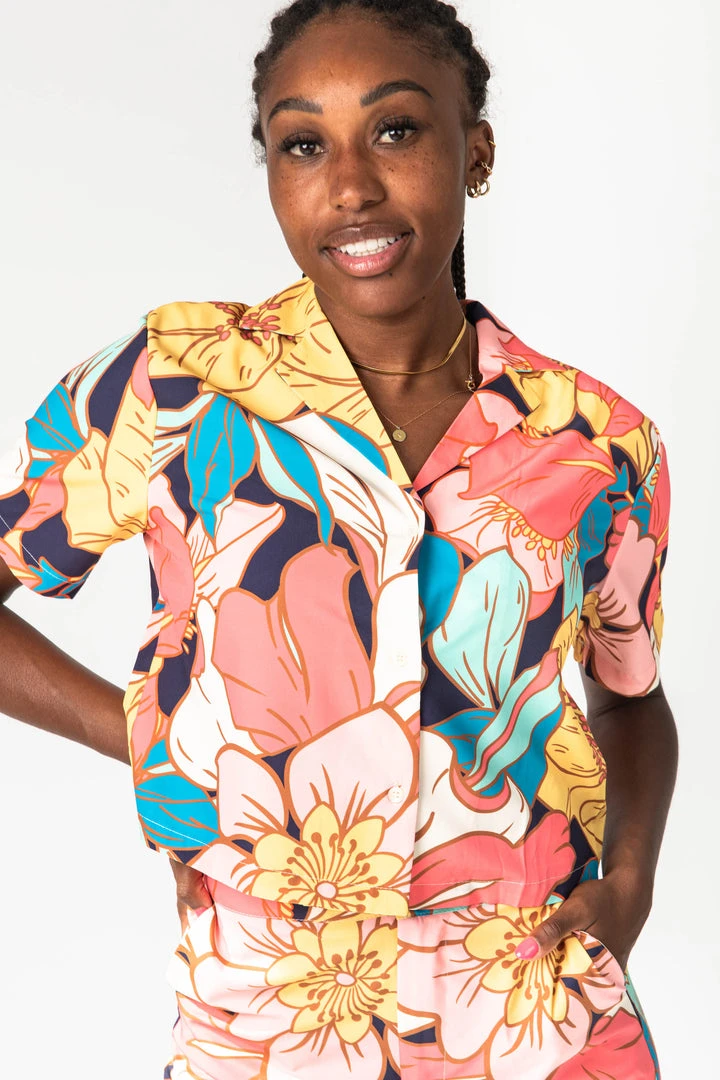 Piper & Scoot The Helma Floral Button Down Blouse In Pink Tops