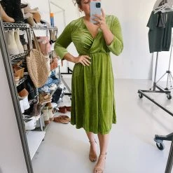 Piper & Scoot Dresses The Isla Velvet 3/4 Sleeve Wrap Dress In Chartreuse