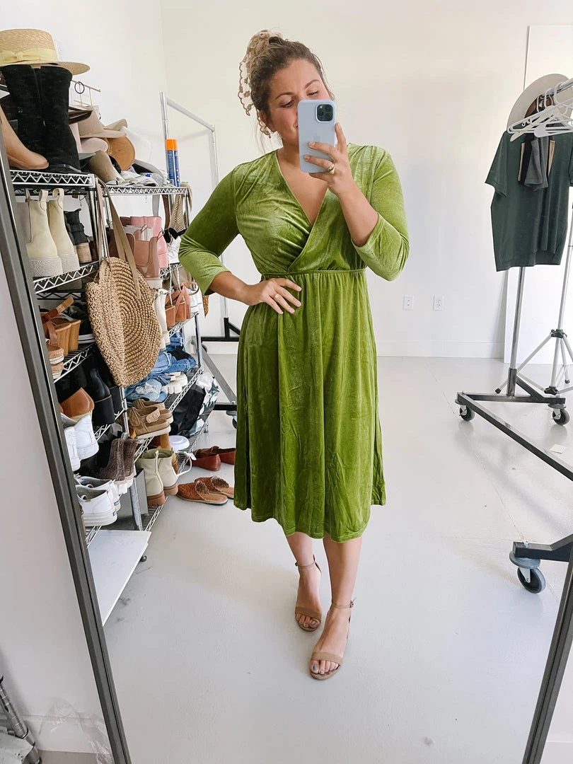 Piper & Scoot Dresses The Isla Velvet 3/4 Sleeve Wrap Dress In Chartreuse