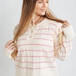 Piper & Scoot Tops The Andrus Striped Detail Collar Blouse In Rose