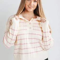 Piper & Scoot Tops The Andrus Striped Detail Collar Blouse In Rose