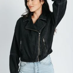 Piper & Scoot The Alondra Zip Up Jacket In Black Denim