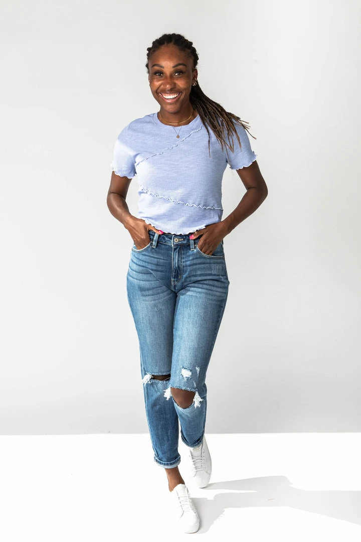 Piper & Scoot The Warner Lettuce Hem Tee In Sky Tops