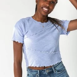 Piper & Scoot The Warner Lettuce Hem Tee In Sky Tops