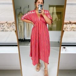 Piper & Scoot The Madelyn Striped Maxi Dress In Crimson Dresses