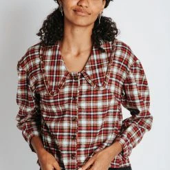 Piper & Scoot Tops The Bates Check Collar Blouse In Burgundy