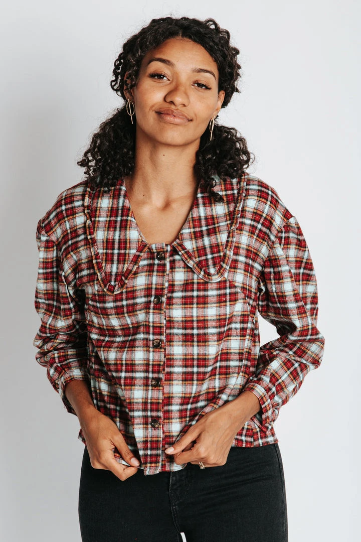 Piper & Scoot Tops The Bates Check Collar Blouse In Burgundy