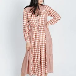 Piper & Scoot The Jeane Gingham Contrast Dress In Rust Dresses