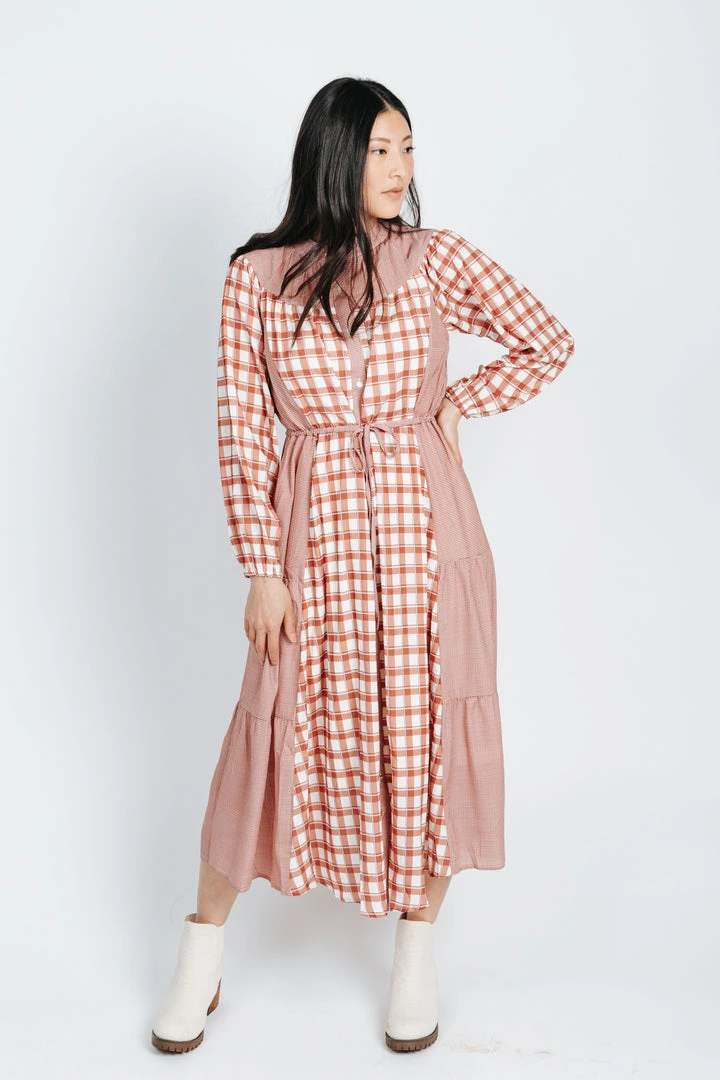 Piper & Scoot The Jeane Gingham Contrast Dress In Rust Dresses