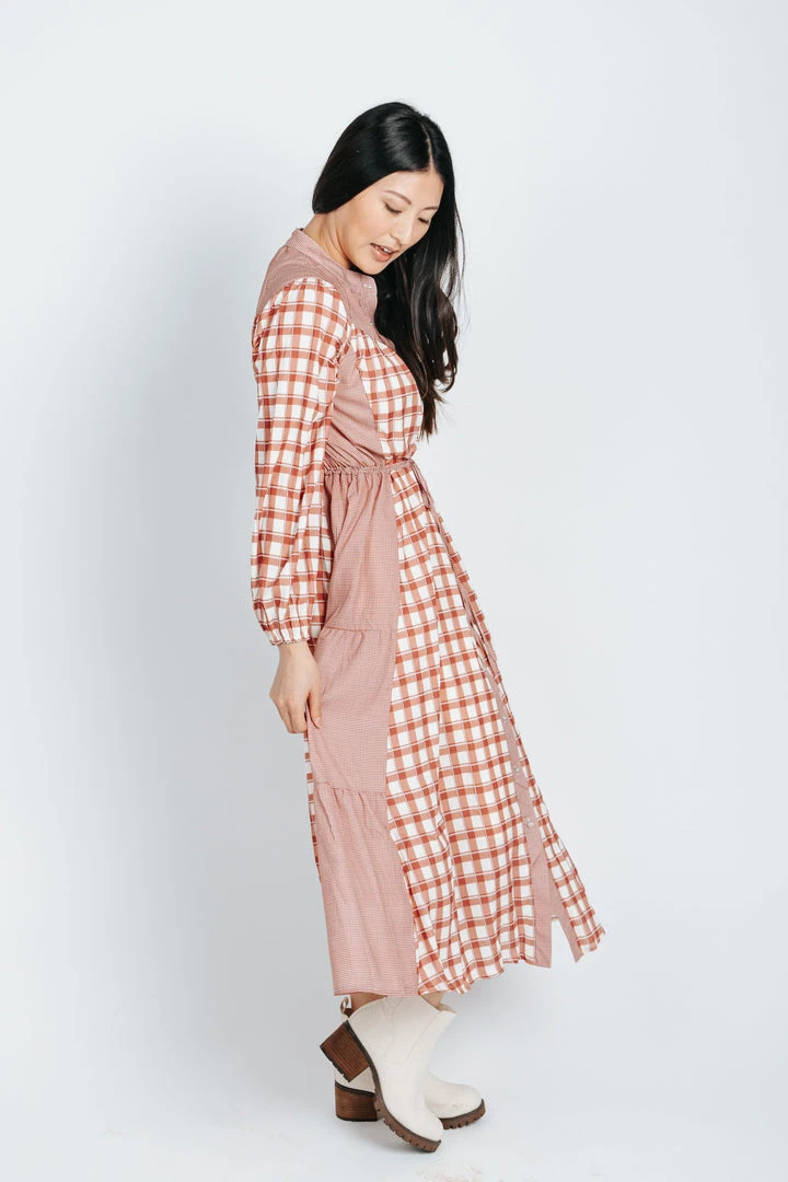 Piper & Scoot The Jeane Gingham Contrast Dress In Rust Dresses