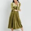 Piper & Scoot Dresses The Isla Velvet 3/4 Sleeve Wrap Dress In Chartreuse