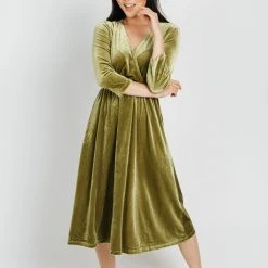 Piper & Scoot Dresses The Isla Velvet 3/4 Sleeve Wrap Dress In Chartreuse