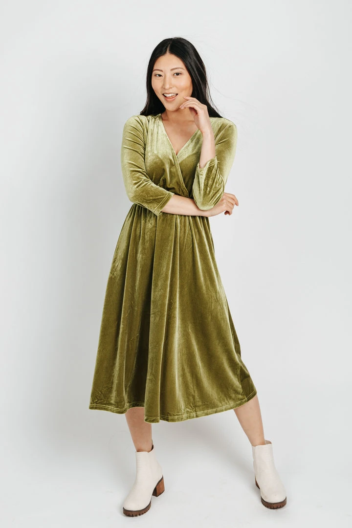 Piper & Scoot Dresses The Isla Velvet 3/4 Sleeve Wrap Dress In Chartreuse