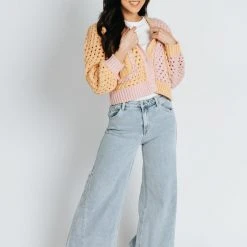 Piper & Scoot The Secrist Color Block Cardigan In Yellow + Pink Tops