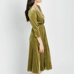 Piper & Scoot Dresses The Isla Velvet 3/4 Sleeve Wrap Dress In Chartreuse