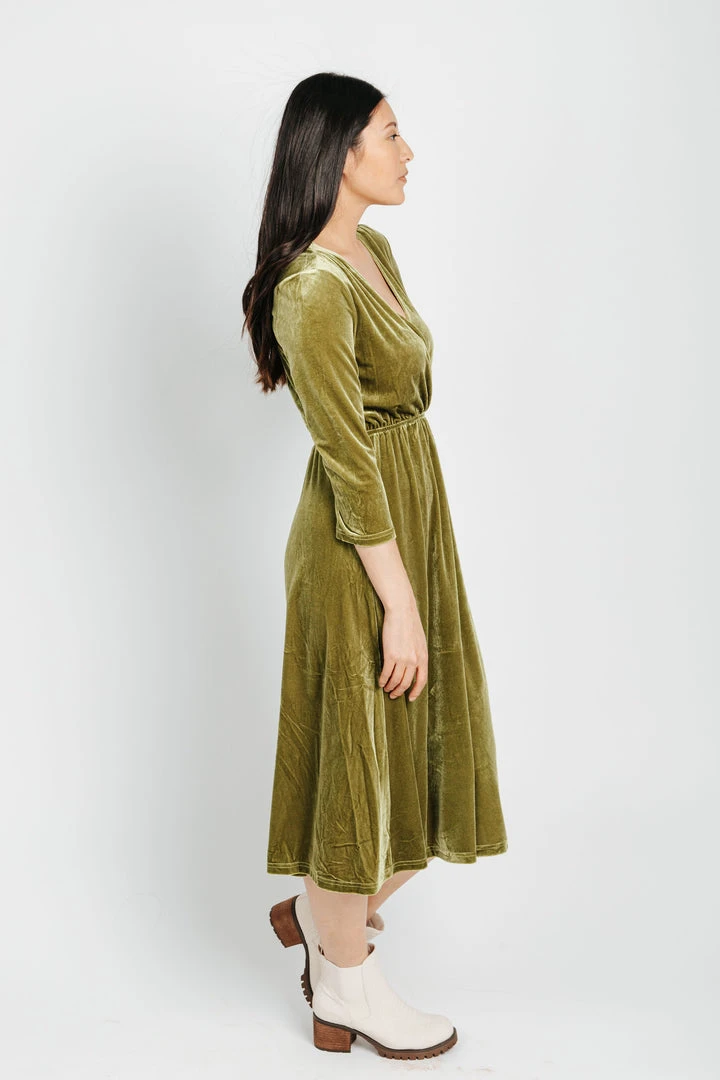 Piper & Scoot Dresses The Isla Velvet 3/4 Sleeve Wrap Dress In Chartreuse