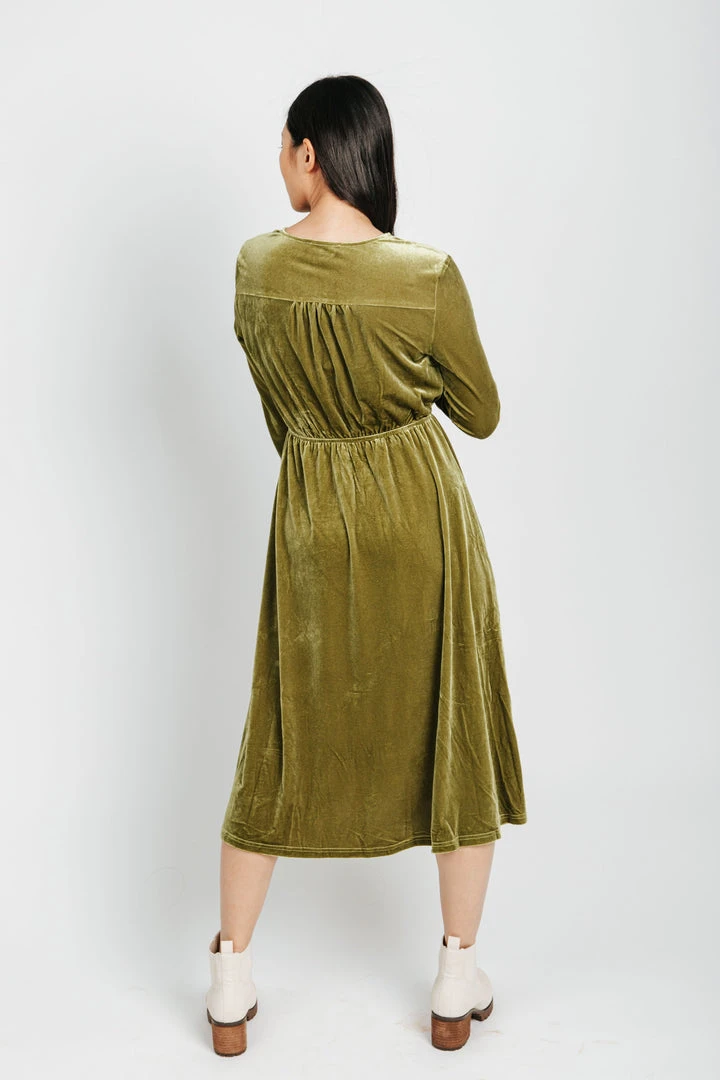 Piper & Scoot Dresses The Isla Velvet 3/4 Sleeve Wrap Dress In Chartreuse