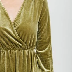 Piper & Scoot Dresses The Isla Velvet 3/4 Sleeve Wrap Dress In Chartreuse