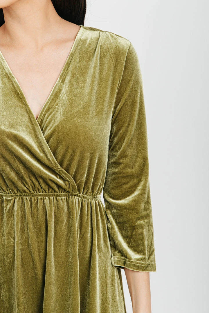 Piper & Scoot Dresses The Isla Velvet 3/4 Sleeve Wrap Dress In Chartreuse