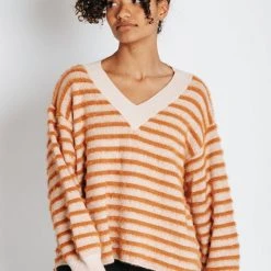 Piper & Scoot Tops The Freddie Fuzzy Striped Sweater In Rust