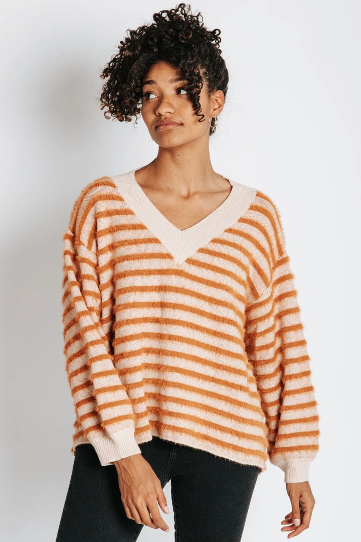 Piper & Scoot Tops The Freddie Fuzzy Striped Sweater In Rust