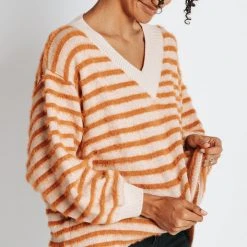 Piper & Scoot Tops The Freddie Fuzzy Striped Sweater In Rust