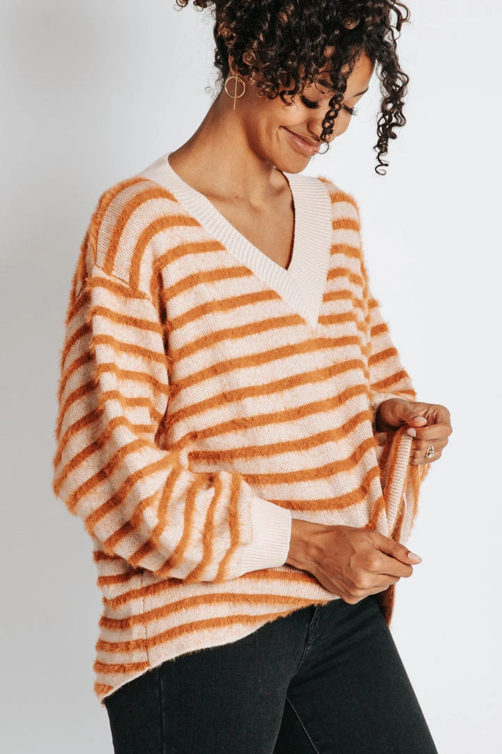 Piper & Scoot Tops The Freddie Fuzzy Striped Sweater In Rust