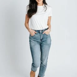 Piper & Scoot Denim: The High Rise Slim Straight Jeans In Medium Blue Bottoms + Jumpsuits