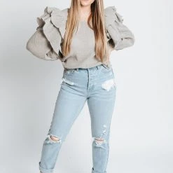 Piper & Scoot The Peters Ruffle Detail Blouse In Grey