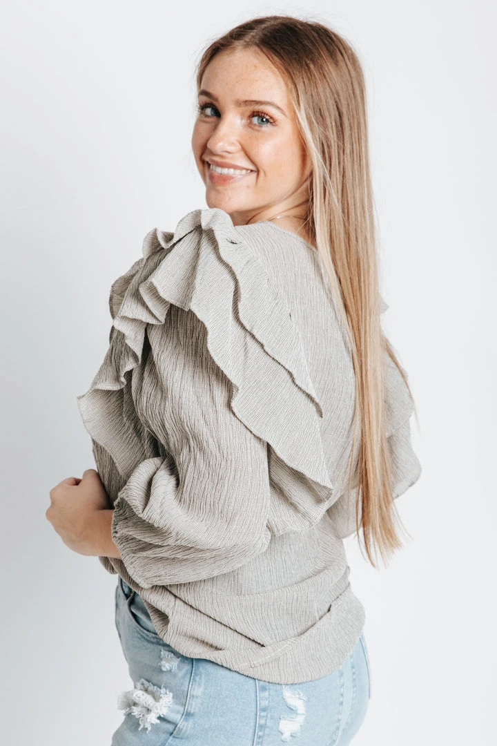 Piper & Scoot The Peters Ruffle Detail Blouse In Grey