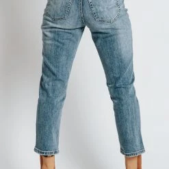Piper & Scoot Denim: The High Rise Slim Straight Jeans In Medium Blue Bottoms + Jumpsuits