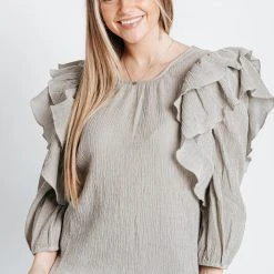 Piper & Scoot The Peters Ruffle Detail Blouse In Grey