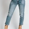 Piper & Scoot Denim: The High Rise Slim Straight Jeans In Medium Blue Bottoms + Jumpsuits