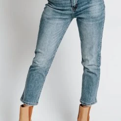 Piper & Scoot Denim: The High Rise Slim Straight Jeans In Medium Blue Bottoms + Jumpsuits