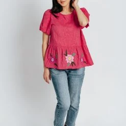 Piper & Scoot The Lunsford Embroidered Blouse In Hot Pink