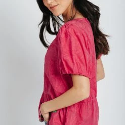 Piper & Scoot The Lunsford Embroidered Blouse In Hot Pink