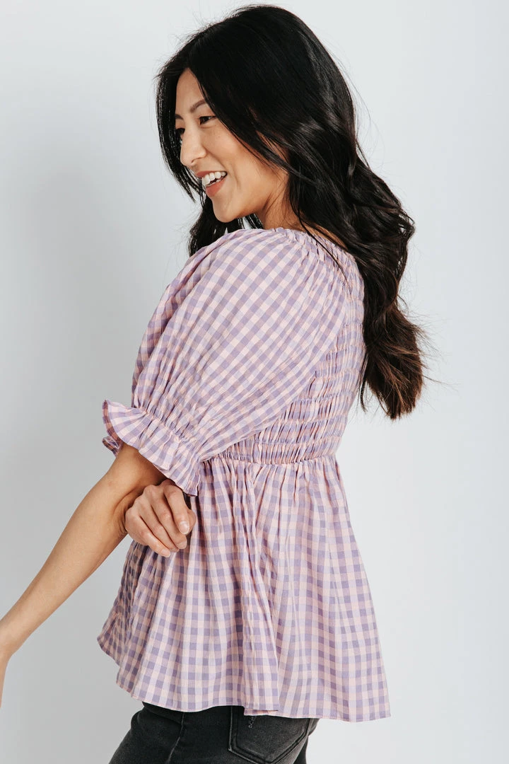 Piper & Scoot The Joel Plaid Peplum Top In Lavender
